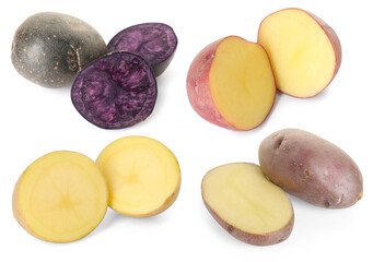 Different types of raw potatoes isolated on white, collage. Whole and cut