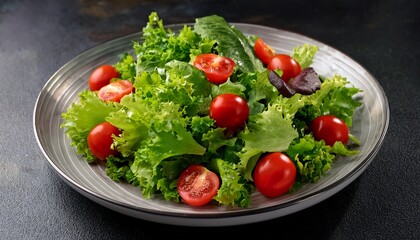 a vibrant mix of fresh salad greens and ripe tomatoes is artfully piled together showcasing a healthy option for meal planning or side dishes