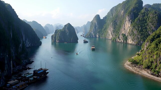 Ha Long Bay, Vietnam: Scenic Aerial View of Limestone Karsts, Boats, and Turquoise Water in Tranquil Southeast Asian Landscape
