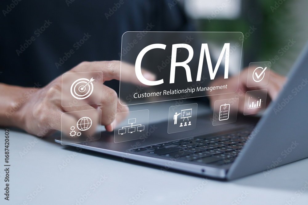 Poster crm for sales, sales control and monitoring software with client database. businessman using custome