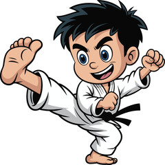 Cartoon karate boy, martial arts kick, black belt fighter, vector character, white gi, action pose, determined expression, energetic illustration