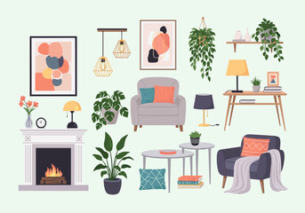 Cozy modern living room decor elements featuring furniture artwork plants and lighting