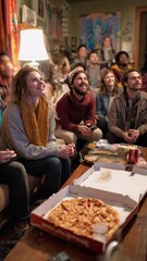 Fototapeta premium Group of cheerful young friends enjoying a home party, sitting on a sofa, watching television, and eating pizza from a delivery box on the coffee table