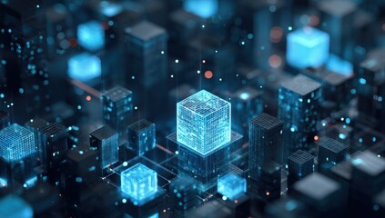 Abstract digital cityscape of glowing cubes.  Intricate network of interconnected blocks,  glowing blue cubes prominent,  dark background.  Complex design,  tech-inspired