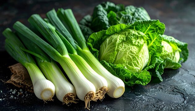 Cebolletas frescas y repollo verde sobre fondo r&uacute;stico oscuro