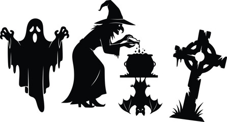 Spooky Halloween Silhouettes Featuring Witch Ghost Bat and Tombstone for Festive Decorations and Designs Perfect for Invitations Posters and Themed Events