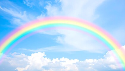 Pastel rainbow arching across a partly cloudy sky