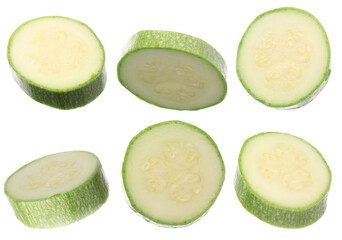 Pieces of fresh ripe zucchini isolated on white, collage