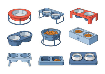 Collection of double pet food and water bowls elevating elevated stands and stands