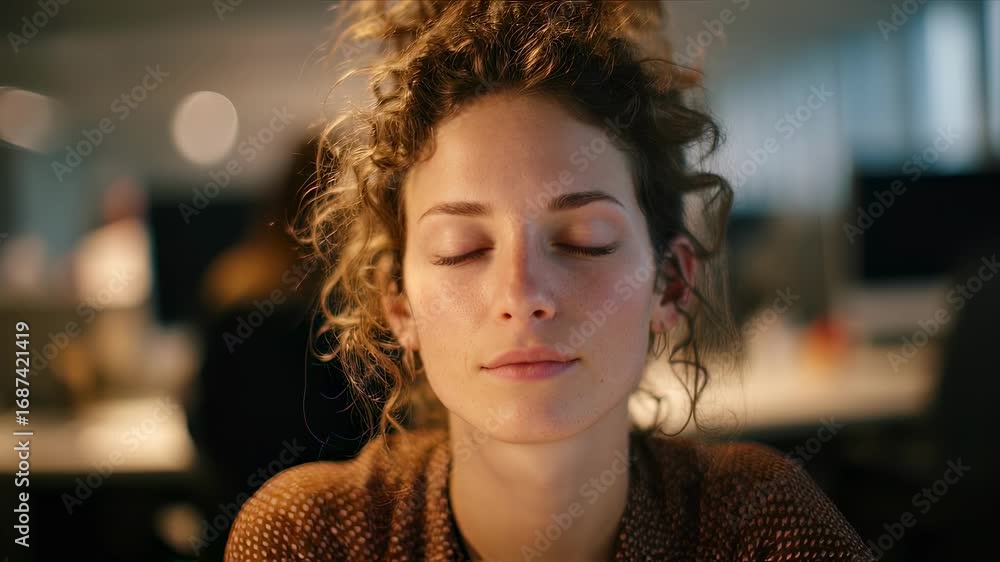 Aufkleber medium portrait of desk worker closing eyes briefly for blinking exercise designed to ease ai eye st