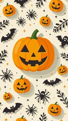 Large Halloween Pumpkin Emoji with mischievous grin surrounded by bats and spiders. Concept of festive celebration with Halloween Pumpkin Emoji in whimsical atmosphere.