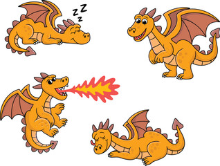 Fototapeta premium Cartoon orange dragons, vector illustration, cute fantasy creatures, flying, sleeping, breathing fire, heart symbol, playful poses, stock character art
