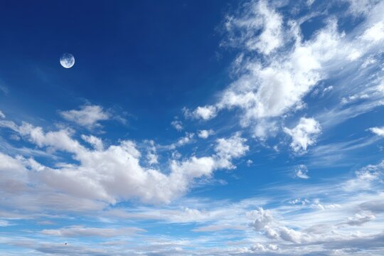 A vibrant blue sky dotted with varied white clouds and a solitary moon
