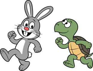 Cartoon rabbit and turtle, running race, Aesop’s fable, animal characters, vector illustration, competitive pose, children’s art, moral story, playful design