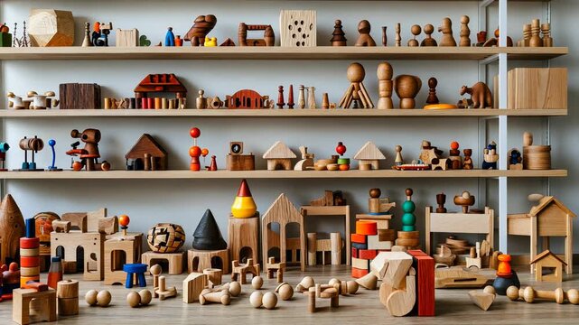 Shelves Filled with Assorted Wooden Toys, Handmade Educational Playthings for Children, Montessori Style, Natural Materials, Sustainable and Eco-Friendly