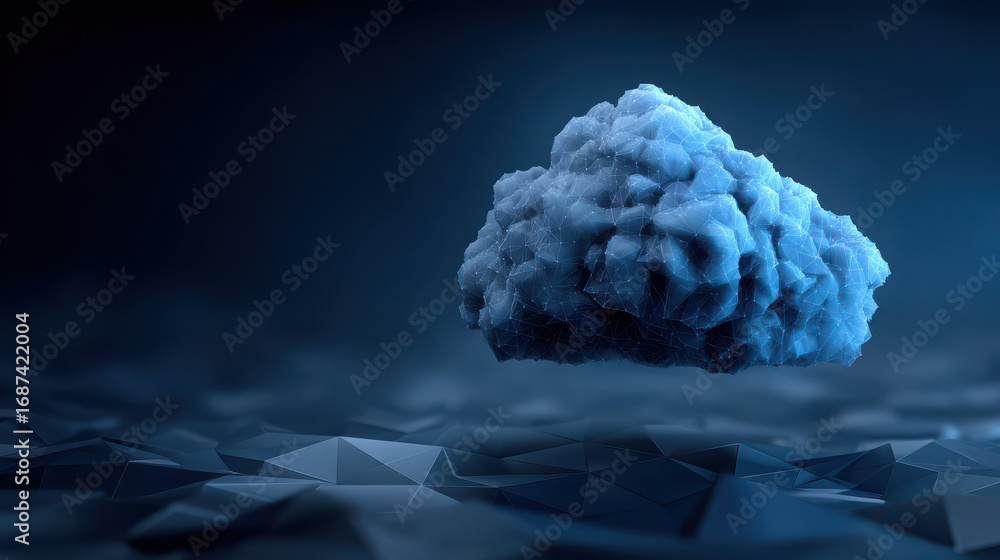 Poster digital cloud floats above geometric surface, symbolizing data storage and security. padlock represe