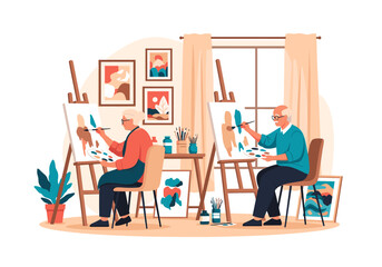 Elderly couple enjoying creative pastime painting art together in a brightly lit studio room