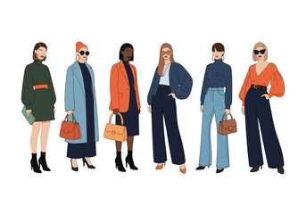 Obraz premium Diverse stylish women showcasing contemporary fashion trends with chic outfits and accessories