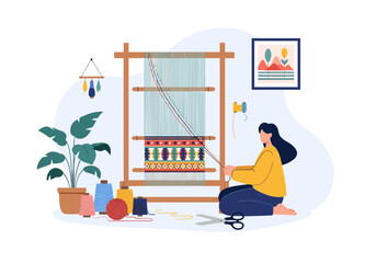 Creative artisan engaged in traditional textile weaving craftsmanship with colorful threads and materials