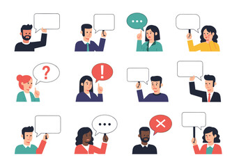 Illustrations of diverse individuals expressing ideas and questions through speech bubbles and symbols