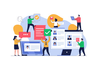 Recruiting team members collaborating on digital profiles for online hiring process