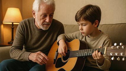 Senior man teaching his grandson to play the acoustic guitar, sitting on the sofa in the living room at home, passing on musical knowledge and family traditions