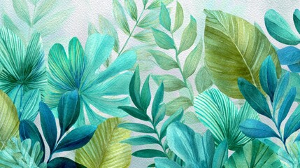 Fototapeta premium a colorful floral pattern against a white background. the flowers are depicted in shades of green, yellow, and blue, with some parts appearing to have a textured effect