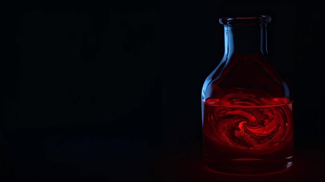 Red swirling potion inside glass bottle on dark background, fantasy Halloween copy space for text background