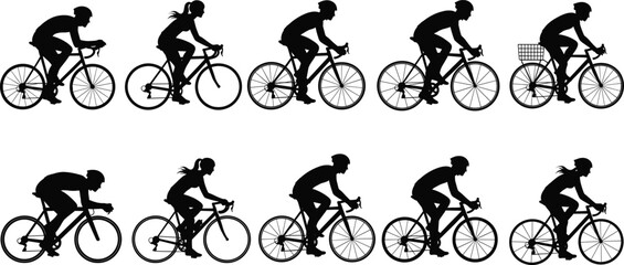 Silhouette illustration of men and women riding bicycles, perfect for fitness, sport, urban commuting, posters, icons, and graphic design.
