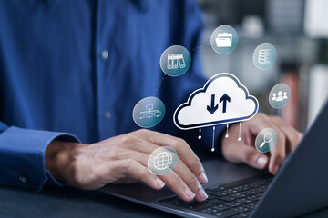 Cloud technology concept. large network of backup platforms, online data storage for business networks with cyber security software. Person using laptop with cloud storage network technology.
