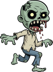 Cartoon zombie walking forward, green skin monster, horror character, Halloween vector, scary undead design, creepy artwork, blood, torn clothes
