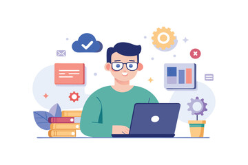 Young Man Working on Laptop with Cloud Computing and Productivity Icons
