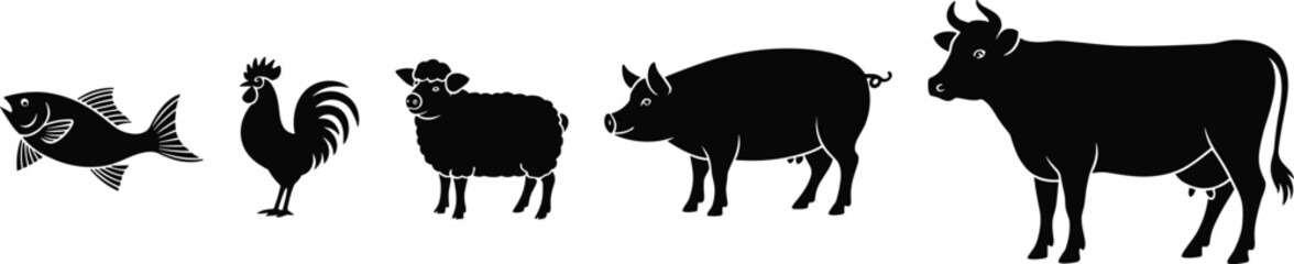 Farm animal silhouettes, livestock icons, fish, rooster, sheep, pig, cow, black and white, vector illustration, agricultural design, minimal style