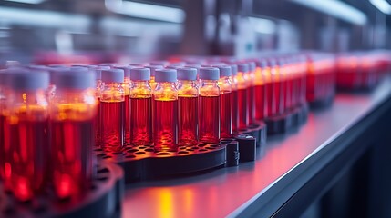 Row of Blood Sample Vials in Lab with Medical Research, Health Care, and Science Background.