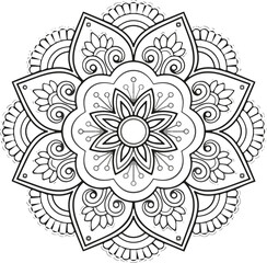 Intricate mandala, ornamental pattern, black and white, vector illustration, symmetrical design, traditional motif, line art, decorative style, circular artwork, detailed drawing