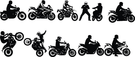 Motorcycle rider silhouettes performing stunts and riding sport bikes, ideal vector art for decals, posters, t-shirts, and digital design.