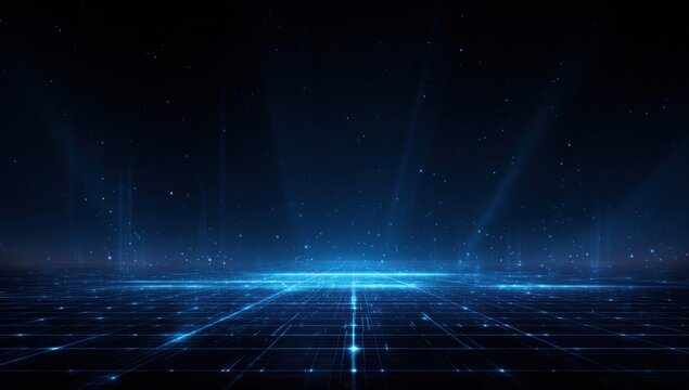 Dark futuristic digital grid floor, illuminated by blue light rays