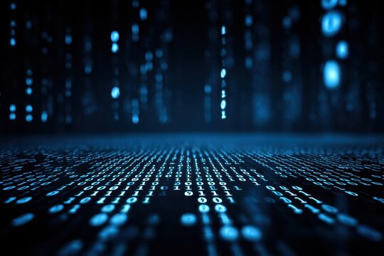 Binary code rain on a dark digital floor