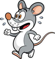 Running cartoon mouse, sweating character, scared expression, orange eyes, vector illustration, panic pose, funny animal, energetic movement, cartoon style, white background