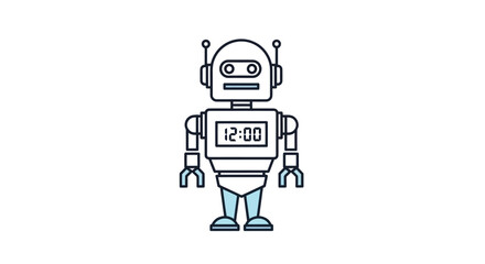 Simple Line Art Robot Illustration with Digital Clock Display.
