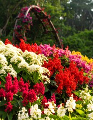 Vibrant floral display, archway backdrop