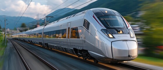 Fototapeta premium a high-speed train is moving along the tracks, showcasing its sleek design and modern technology. The train's aerodynamic shape and dynamic motion suggests speed and efficiency