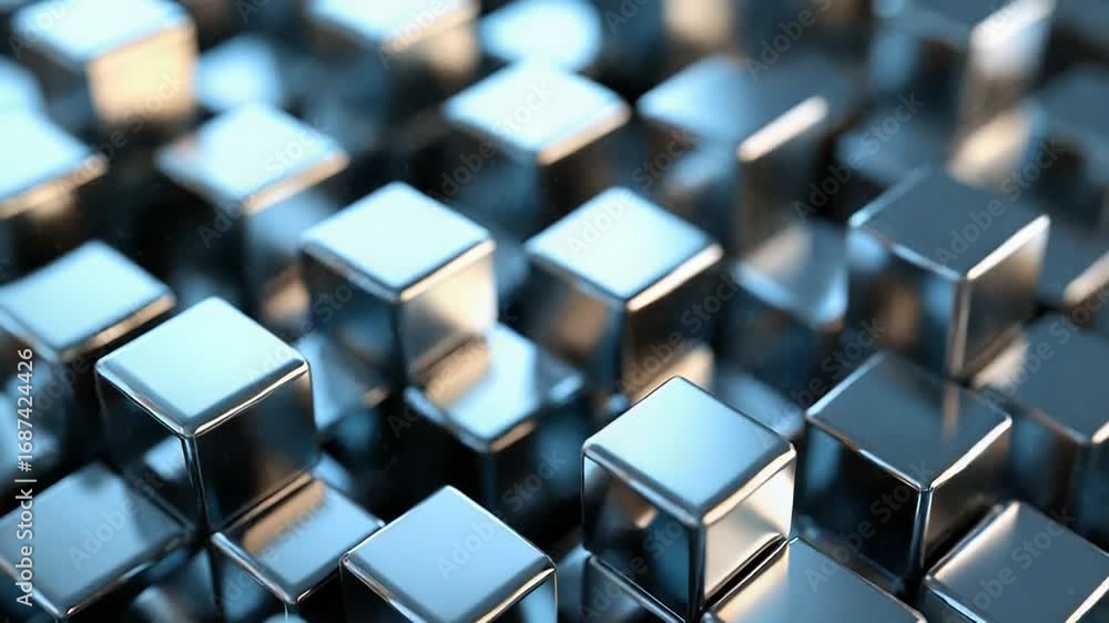 Poster metallic cubes forming an abstract pattern, representing modern technology and design