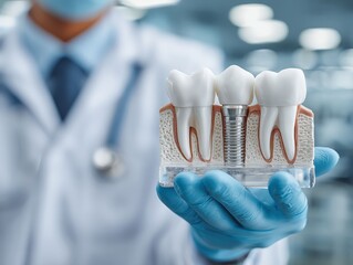 a dentist holding a detailed model of teeth, focusing on dental implants. The model highlights the structure of the teeth, with the dentist providing a professional, health-oriented presentation. 