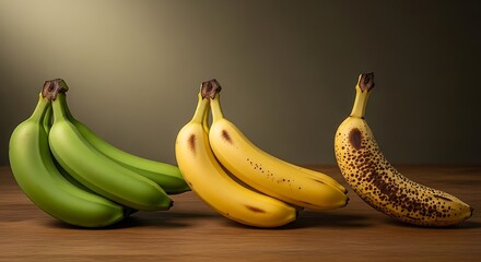 Stages of banana ripening from green to ripe yellow and overripe brown spotted fruit