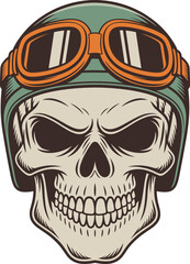 Skull with helmet, cartoon skull art, vintage goggles illustration, biker character design, edgy vector, rebellious style, motorcycle culture, adventure