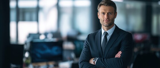 The confident businessman posing in a modern office environment.