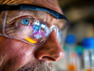 A dedicated scientist gazes intently, illuminated by vibrant chemical reactions reflected in safety goggles