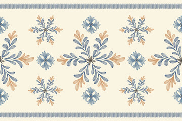 Vintage floral ethnic tapestry modern embroidery texture boho design vector illustration hand drawn silhouette indigo blue flower motif branches leaves wallpaper seamless background border. © Wita Pixs