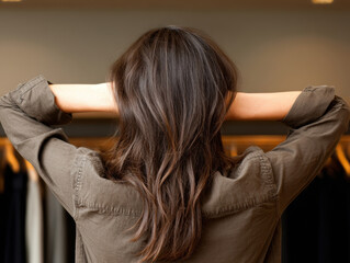 A stylish young woman with long, loose hair explores fashionable dresses in a chic boutique, searching for the perfect evening outfit